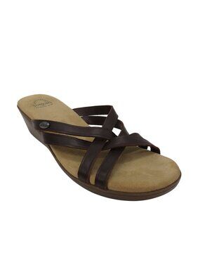 BASS SUNJUNS Women's Brown Leather Sheila Strappy Wedge Slide Sandals Size 9.5M